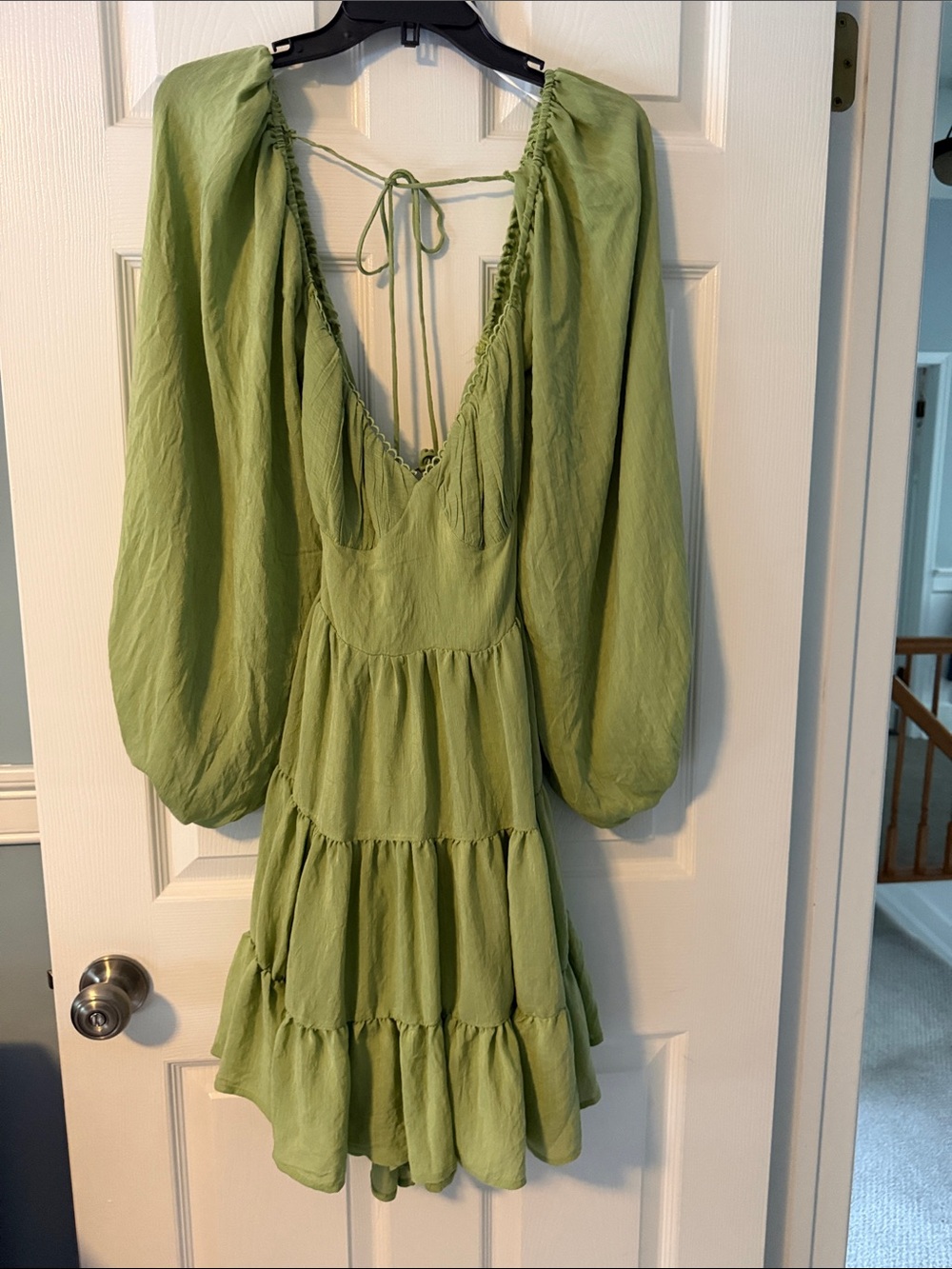 Princess Polly Sage Green Puff-Sleeve Tiered Mini Dress